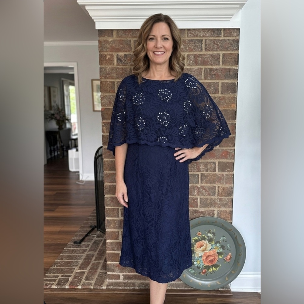 Ignite Evenings NY Navy Lace Capelet Sheath Dress - Size 20W